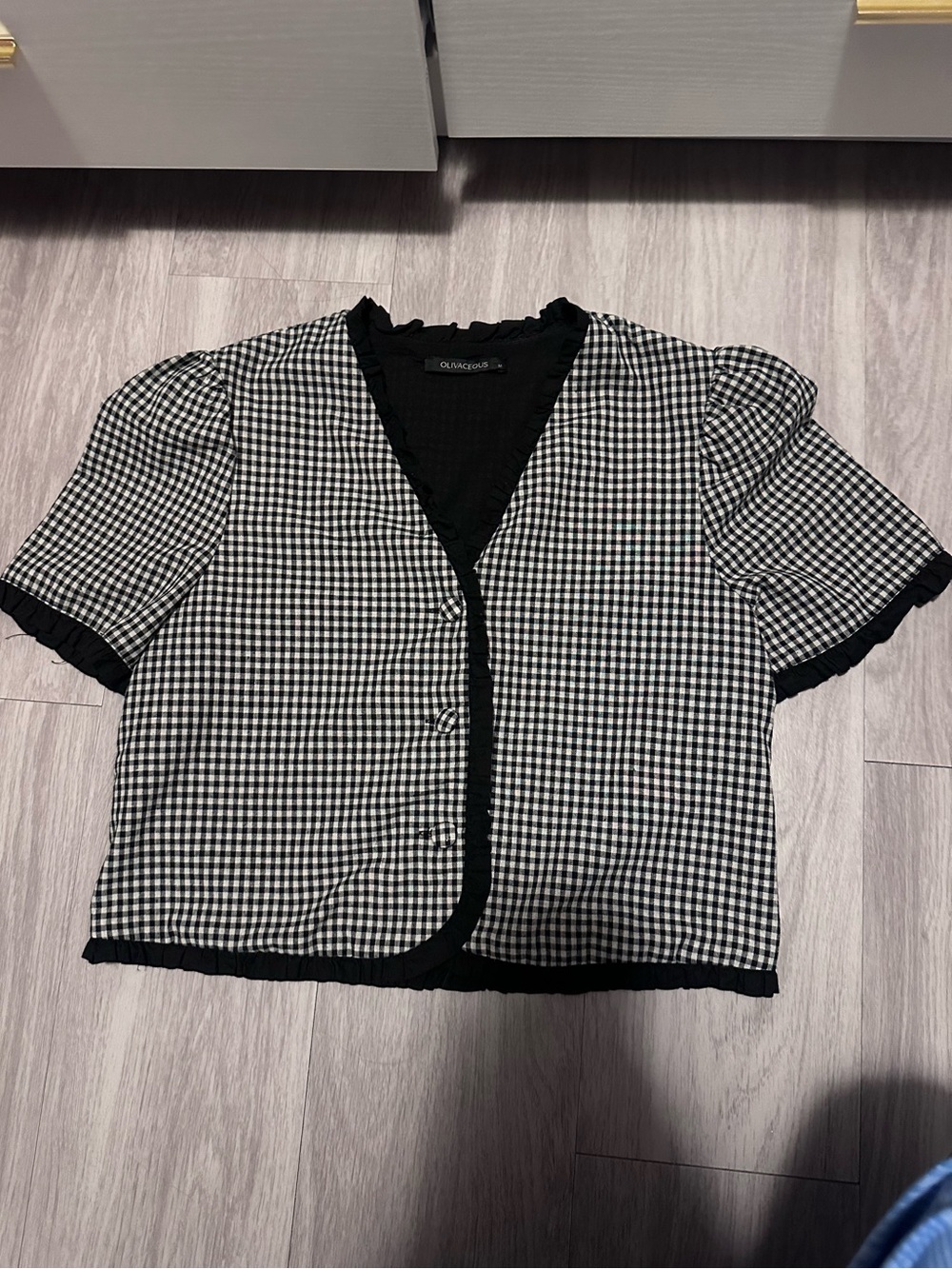 Olivaceous Black & White Gingham Puff Sleeve Blouse